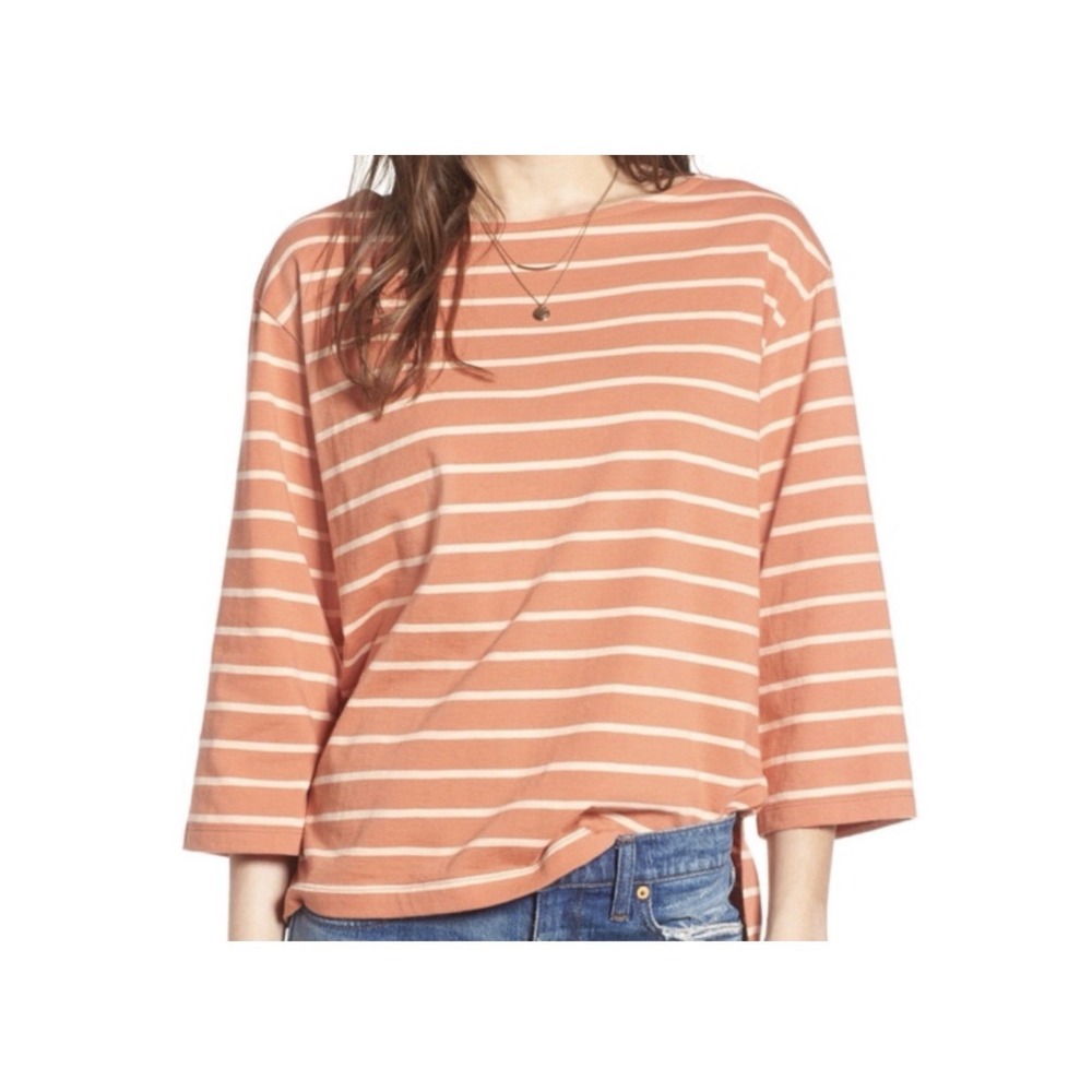 Madewell Striped Boatneck‎ Top Size XS Coral Orange Boxy 100% Cotton NEW